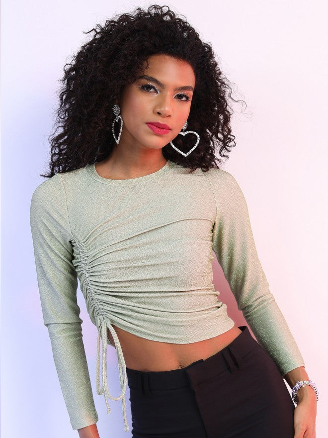 Tokyo Talkies Women Green Self Design Fitted Top - Green - Image 1