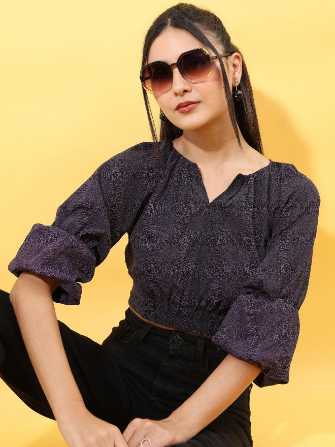 Tokyo Talkies Women Black Self Design Shimmer Crop Top - Black - Image 1