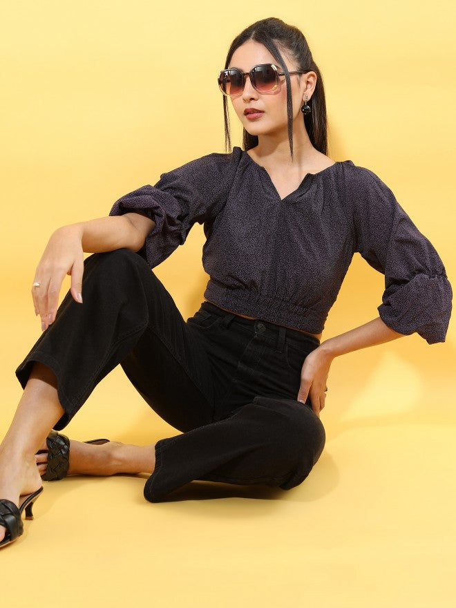 Tokyo Talkies Women Black Self Design Shimmer Crop Top - Black - Image 2