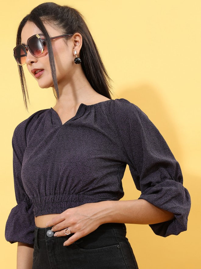 Tokyo Talkies Women Black Self Design Shimmer Crop Top - Black - Image 4