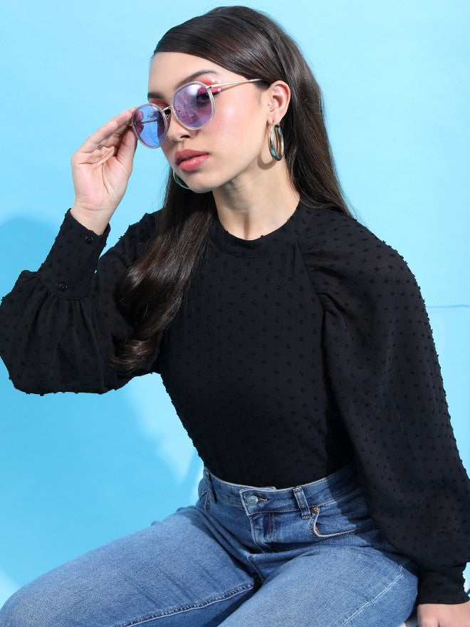 Tokyo Talkies Women Black Self Design Regular Top - Black - Image 1