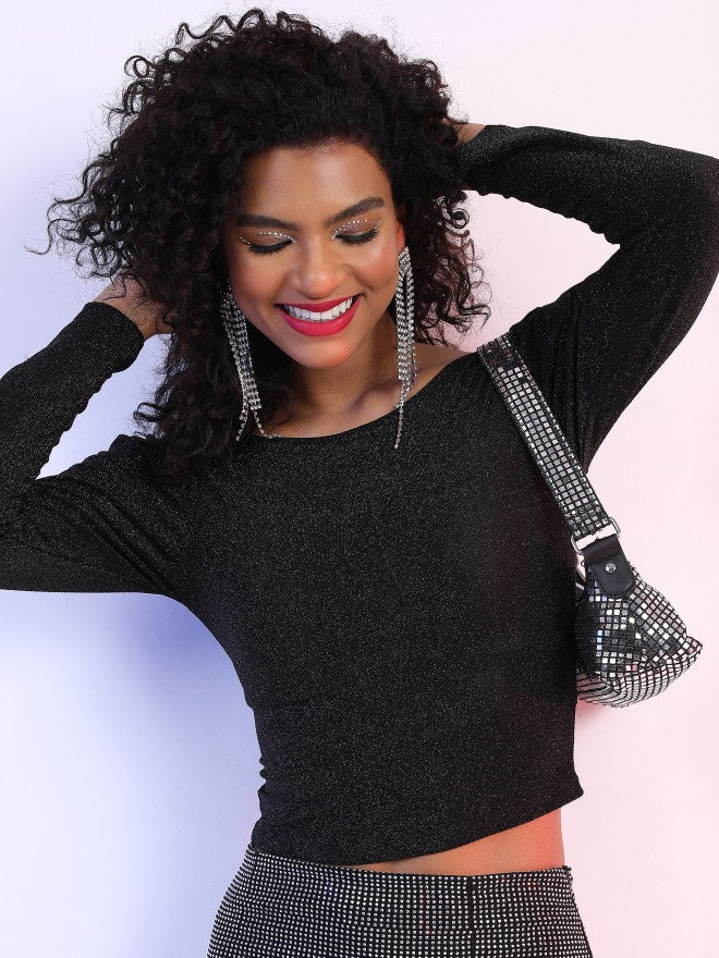 Tokyo Talkies Women Black Self Design Fitted Top - Black - Image 1