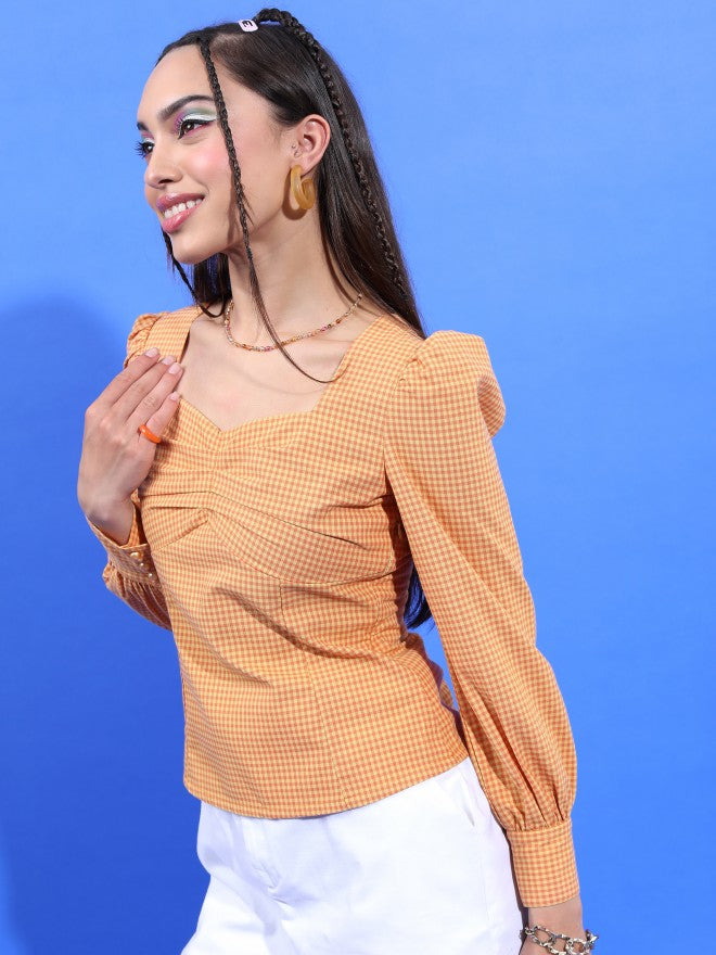 Tokyo Talkies Women Yellow Checked Regular Top - Yellow - Image 4