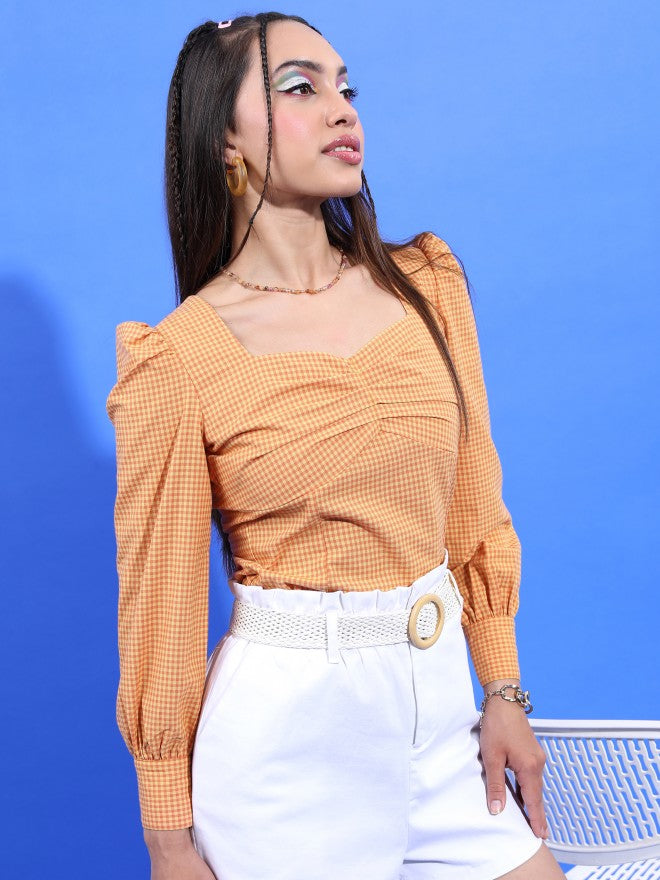 Tokyo Talkies Women Yellow Checked Regular Top - Yellow - Image 6