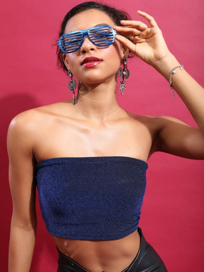 Tokyo Talkies Women Blue Self Design Tube Top - Blue - Image 1