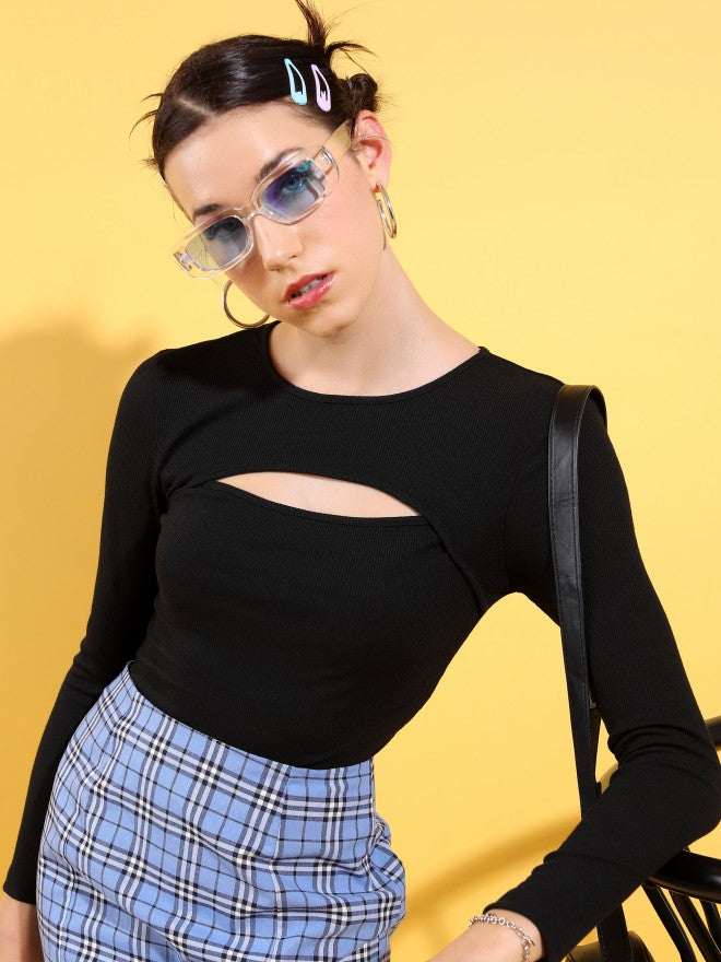Tokyo Talkies Women Black Solid Fitted Top - Black - Image 1