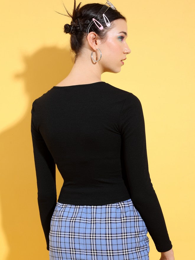 Tokyo Talkies Women Black Solid Fitted Top - Black - Image 3