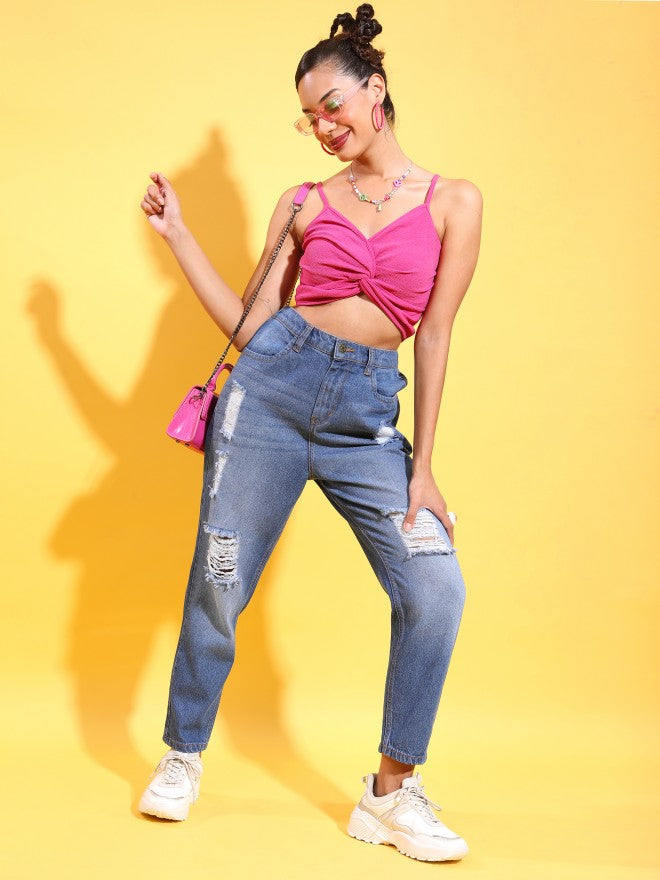 Tokyo Talkies Women Pink Solid Fitted Top - Pink - Image 2