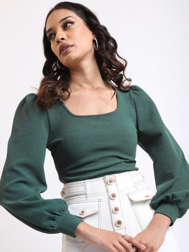 Tokyo Talkies Women Green Solid Regular Top - Green - Image 1