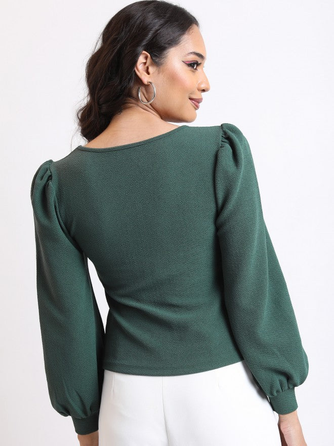 Tokyo Talkies Women Green Solid Regular Top - Green - Image 3