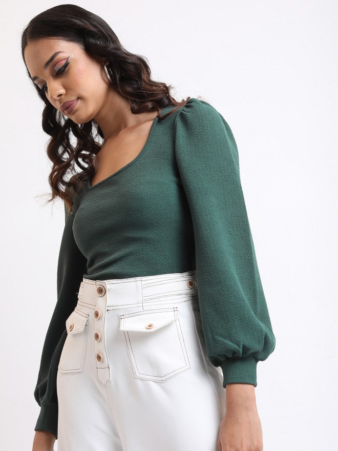 Tokyo Talkies Women Green Solid Regular Top - Green - Image 4