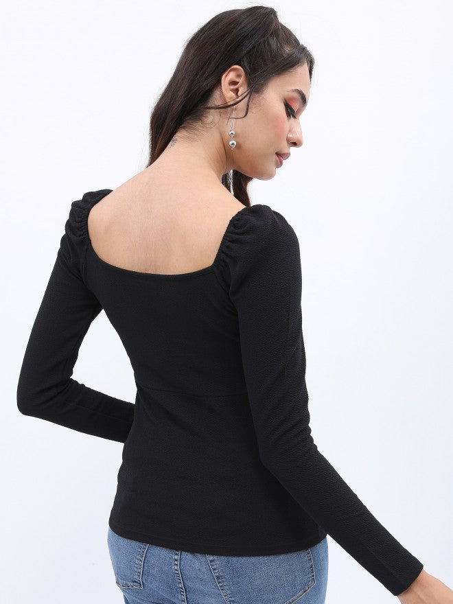 Tokyo Talkies Women Black Solid Fitted Top - Black - Image 3