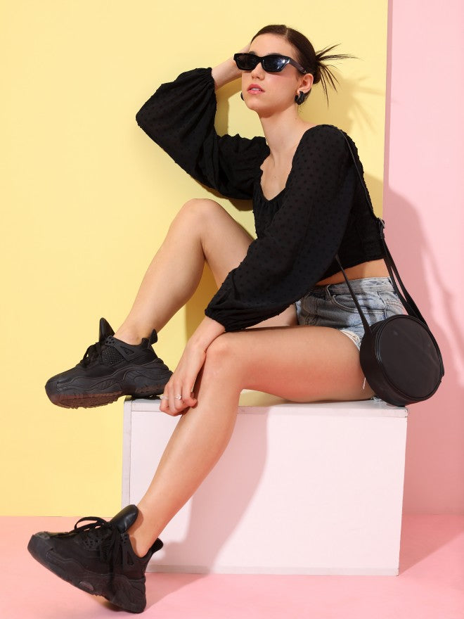 Tokyo Talkies Women Black Solid Fitted Top - Black - Image 2