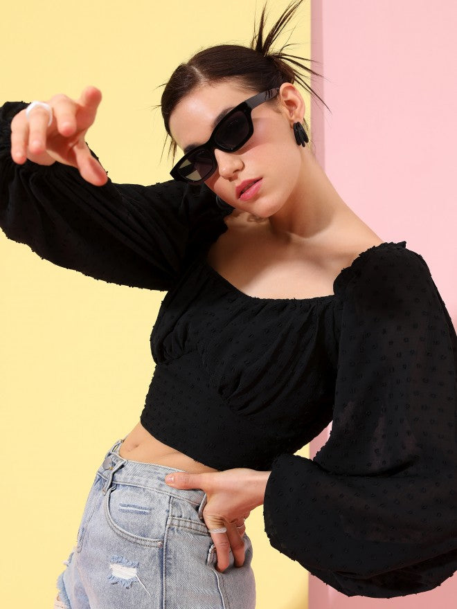 Tokyo Talkies Women Black Solid Fitted Top - Black - Image 4