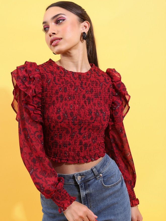 Tokyo Talkies Women Red Printed Fitted Top - Red - Image 1