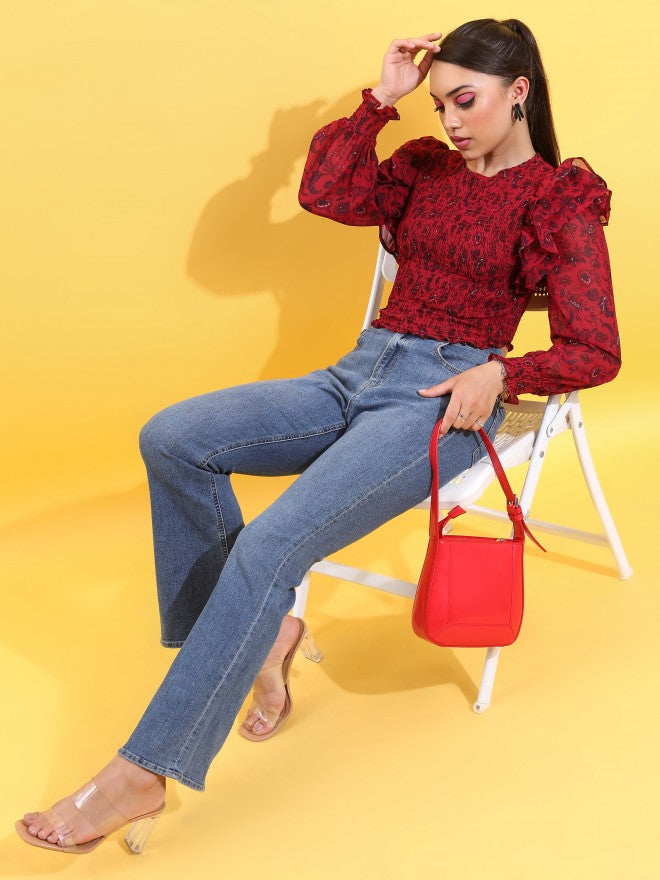 Tokyo Talkies Women Red Printed Fitted Top - Red - Image 2
