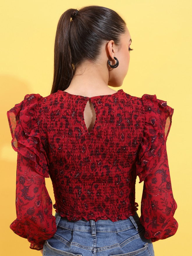 Tokyo Talkies Women Red Printed Fitted Top - Red - Image 3
