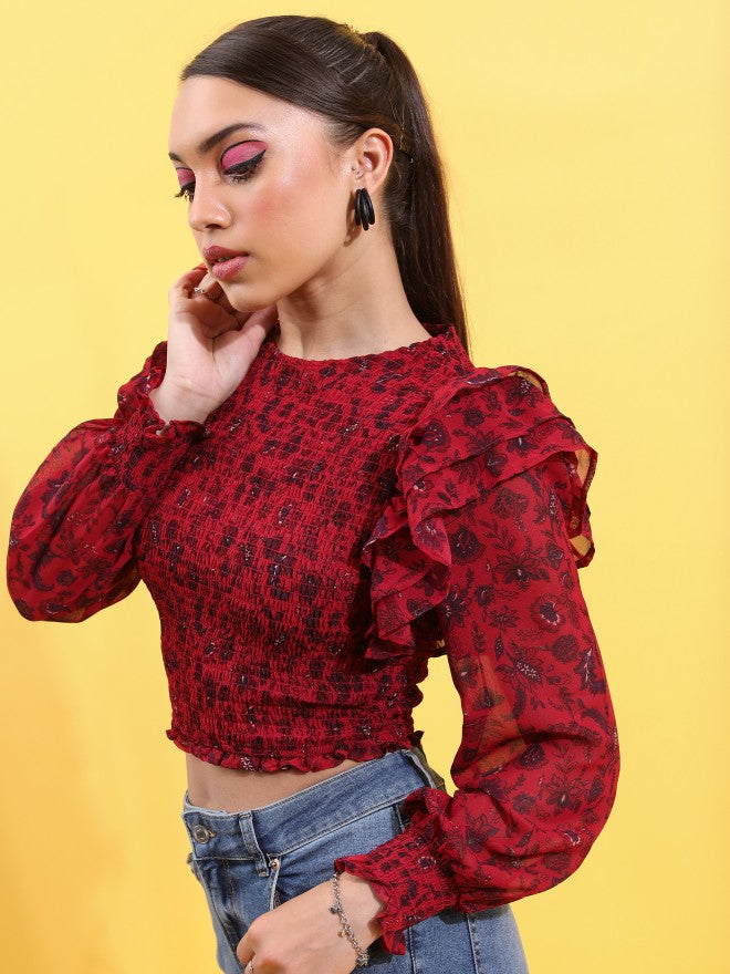Tokyo Talkies Women Red Printed Fitted Top - Red - Image 4