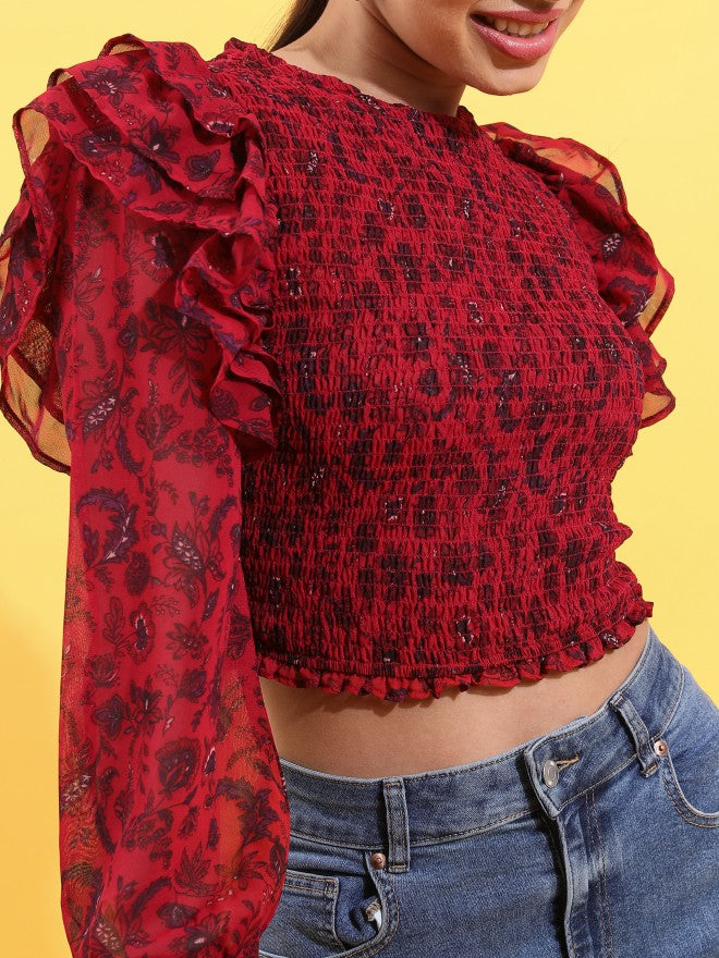 Tokyo Talkies Women Red Printed Fitted Top - Red - Image 5