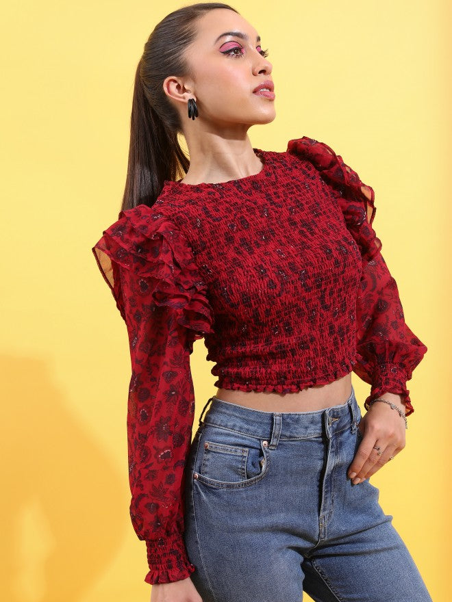 Tokyo Talkies Women Red Printed Fitted Top - Red - Image 6
