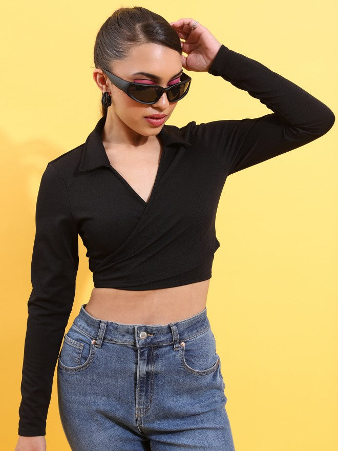 Tokyo Talkies Women Black Solid Wrap Top - Black - Image 1