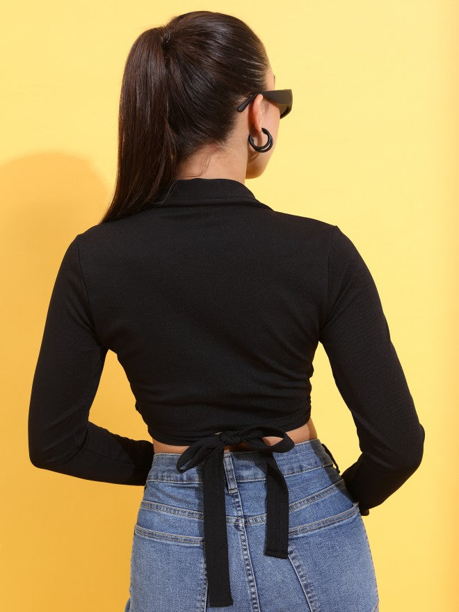 Tokyo Talkies Women Black Solid Wrap Top - Black - Image 3
