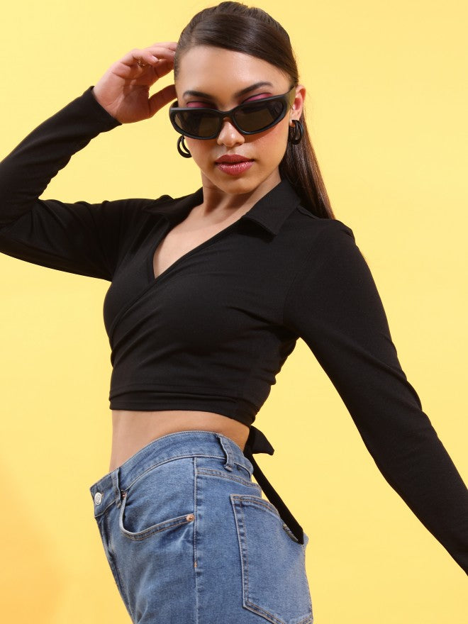 Tokyo Talkies Women Black Solid Wrap Top - Black - Image 4