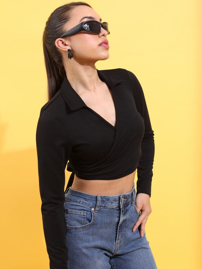 Tokyo Talkies Women Black Solid Wrap Top - Black - Image 6