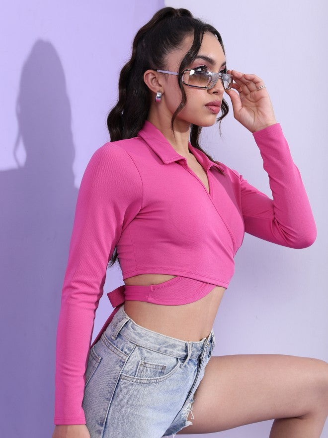 Tokyo Talkies Women Pink Solid Wrap Top - Pink - Image 6