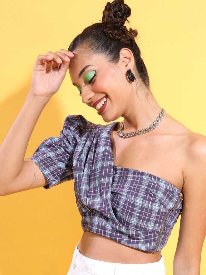 Tokyo Talkies Women Navy Blue Checked Fitted Top - Navy Blue - Image 6