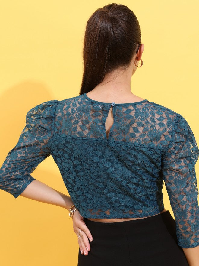 Tokyo Talkies Women Teal Self Design Regular Top - Teal - Image 3