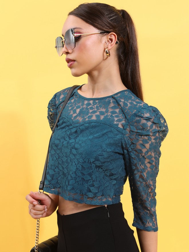 Tokyo Talkies Women Teal Self Design Regular Top - Teal - Image 4