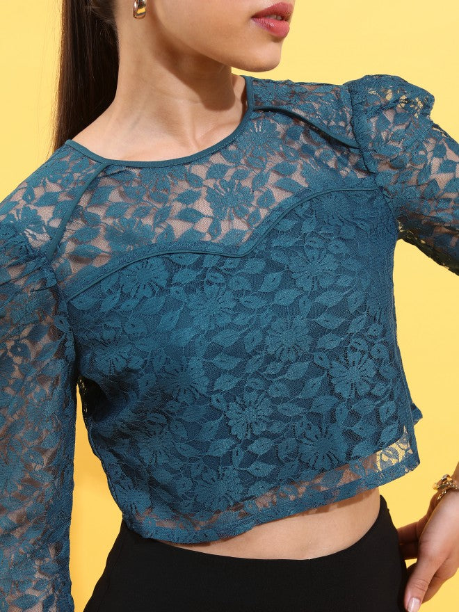 Tokyo Talkies Women Teal Self Design Regular Top - Teal - Image 5