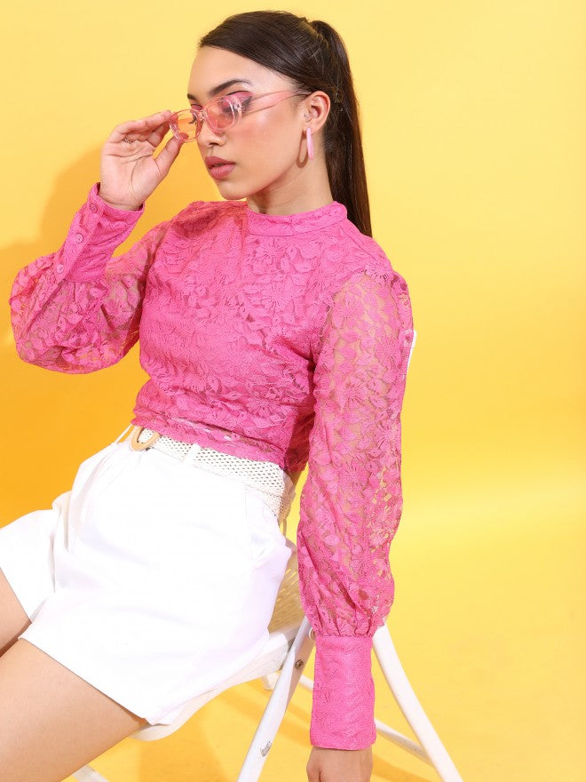 Tokyo Talkies Women Pink Self Design Regular Top - Pink - Image 1
