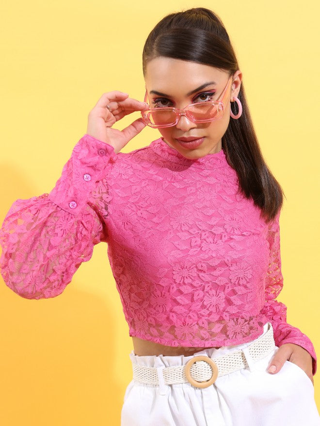 Tokyo Talkies Women Pink Self Design Regular Top - Pink - Image 7