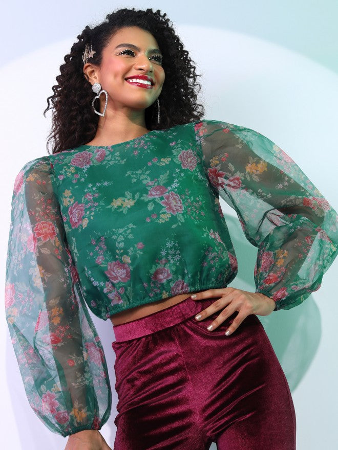 Tokyo Talkies Women Green Printed Regular Top - Green - Image 1