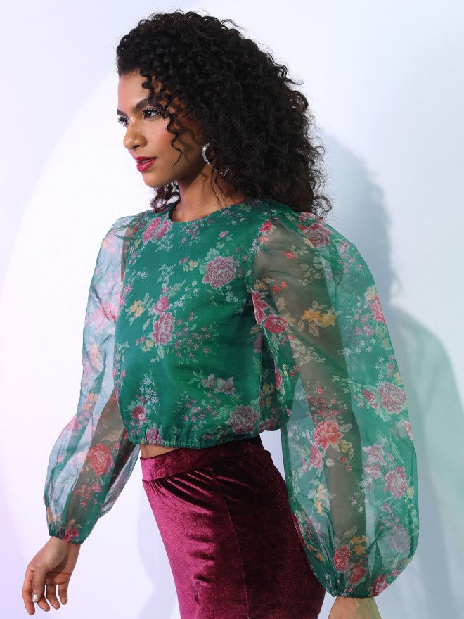 Tokyo Talkies Women Green Printed Regular Top - Green - Image 4
