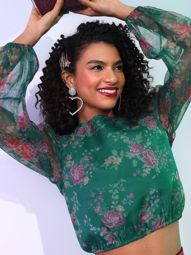 Tokyo Talkies Women Green Printed Regular Top - Green - Image 7