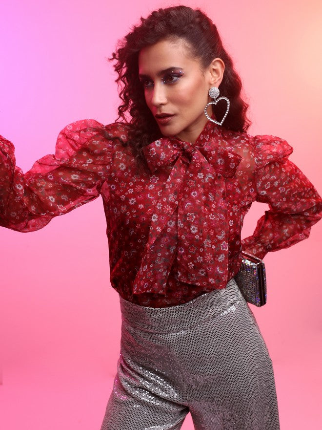 Tokyo Talkies Women Maroon Printed Regular Top - Maroon - Image 1