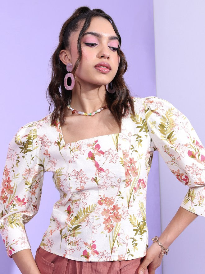 Tokyo Talkies Women Off White Printed Regular Top - Off White - Image 1