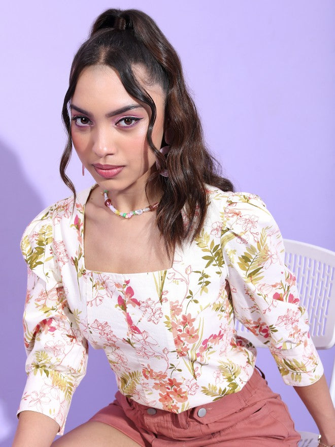Tokyo Talkies Women Off White Printed Regular Top - Off White - Image 4