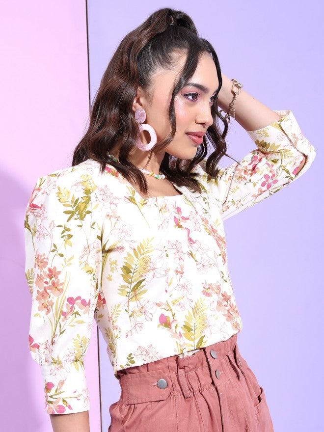 Tokyo Talkies Women Off White Printed Regular Top - Off White - Image 6