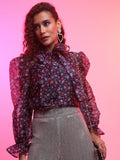 Tokyo Talkies Women Navy Blue Printed Blouson Top - Navy Blue - Image 1