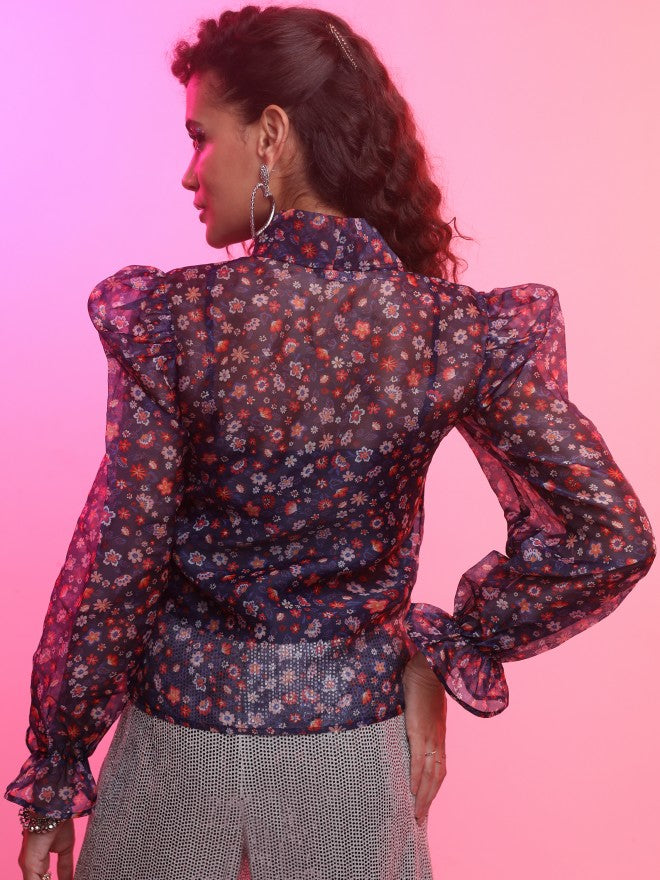 Tokyo Talkies Women Navy Blue Printed Blouson Top - Navy Blue - Image 3