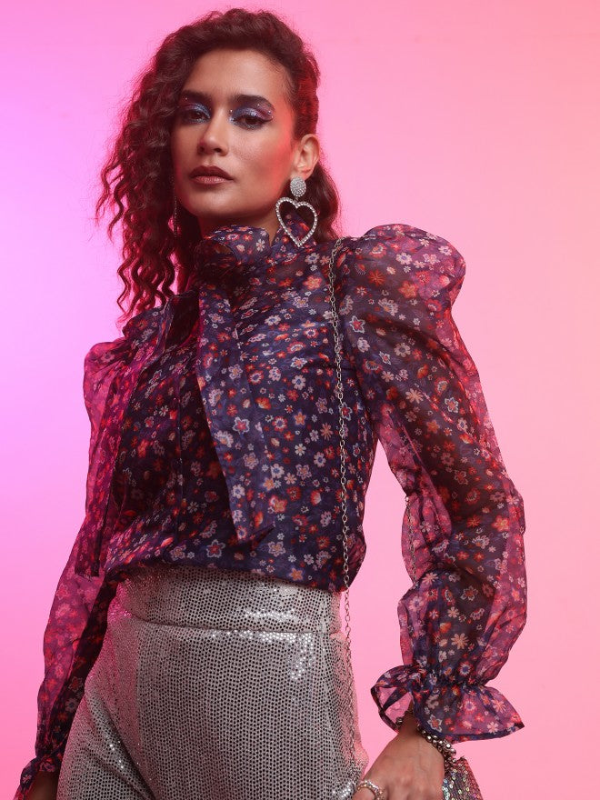 Tokyo Talkies Women Navy Blue Printed Blouson Top - Navy Blue - Image 4