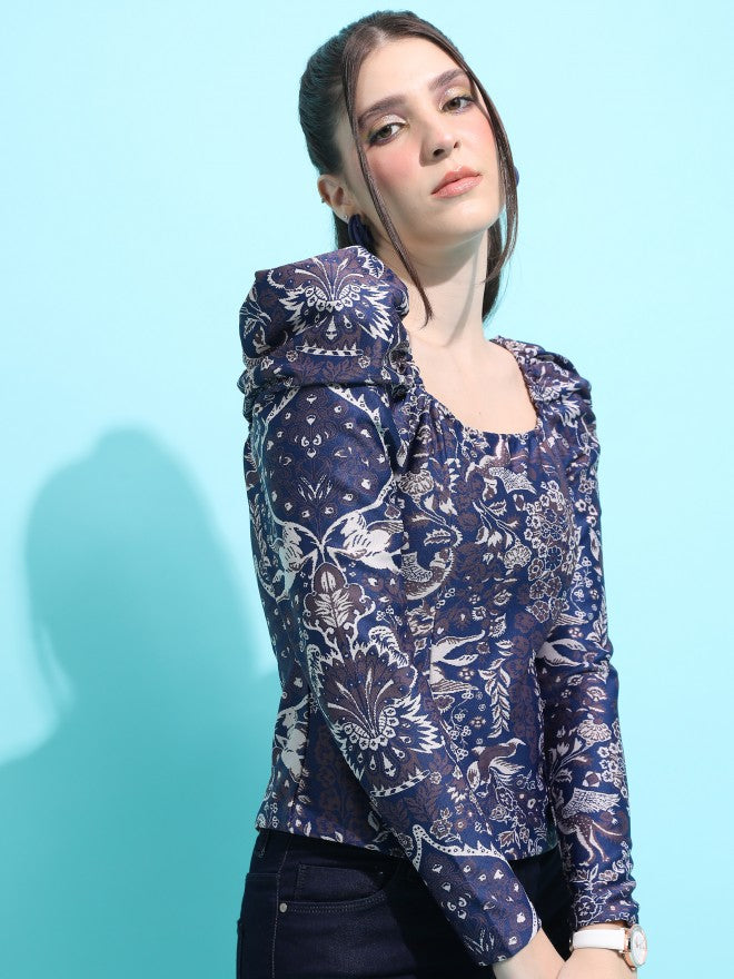 Tokyo Talkies Women Navy Blue Self Design Regular Top - Navy Blue - Image 6