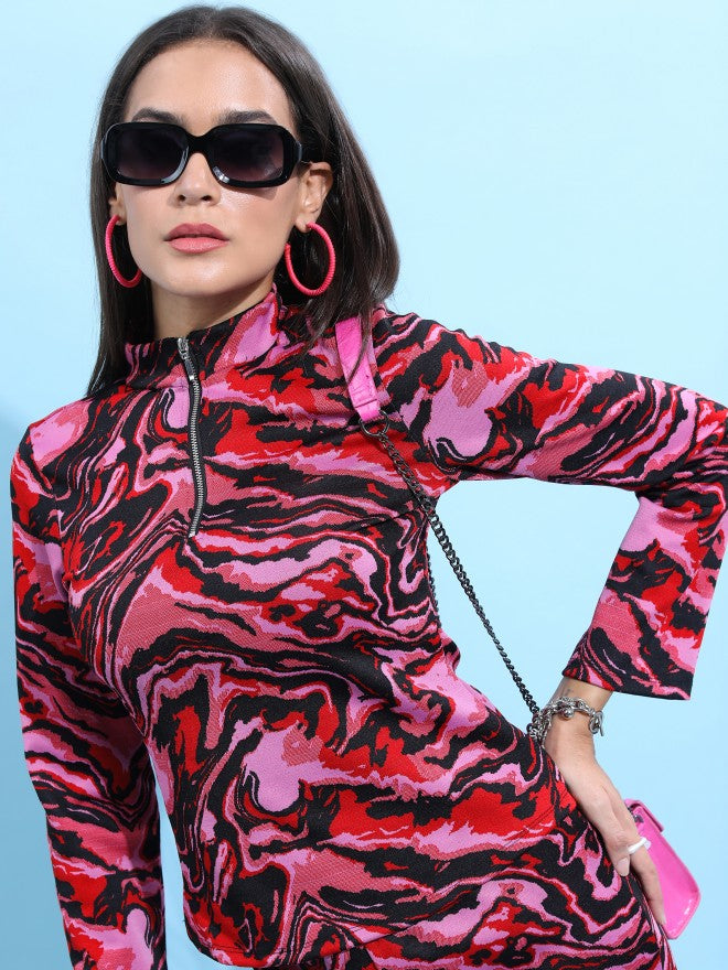 Tokyo Talkies Women Red/Black Self Design Regular Top - Red - Image 1