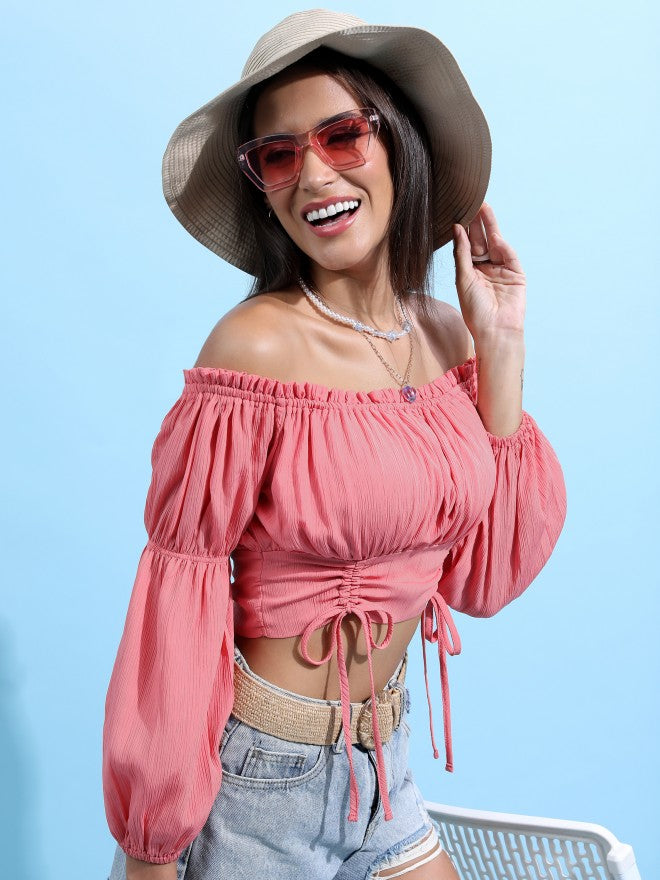 Tokyo Talkies Women Rose Solid Fitted Top - Rose - Image 1