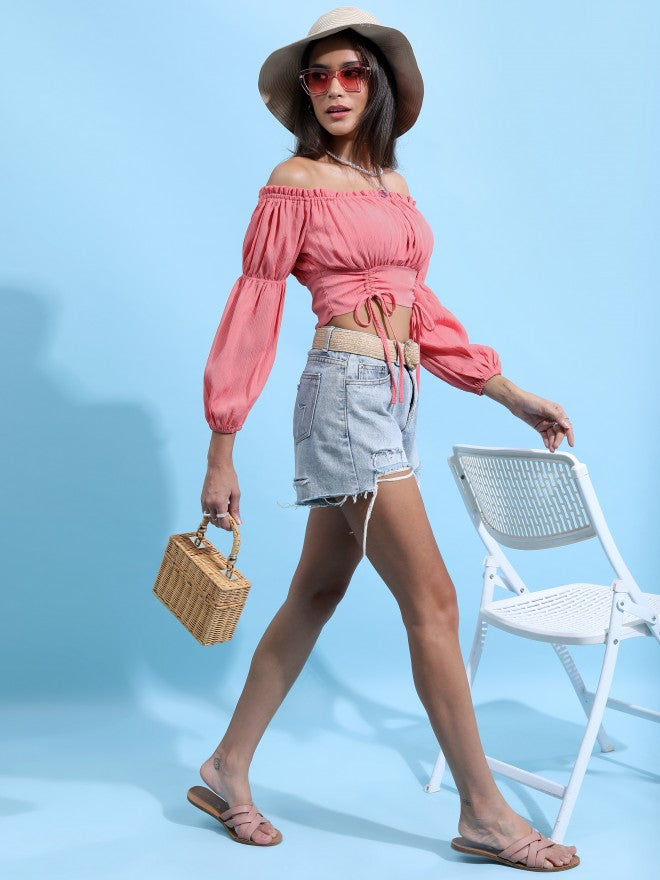 Tokyo Talkies Women Rose Solid Fitted Top - Rose - Image 2