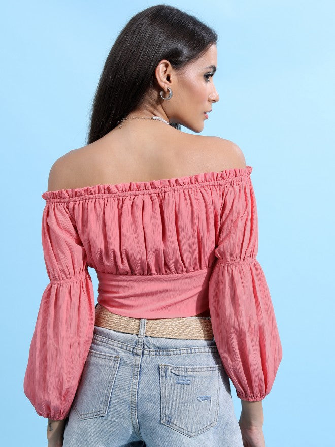 Tokyo Talkies Women Rose Solid Fitted Top - Rose - Image 3